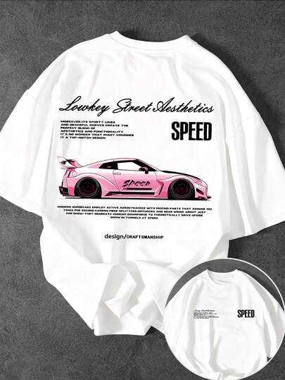 Glimmora 男士休闲时尚街头日常通勤赛车标语印花宽松短袖T恤，夏季