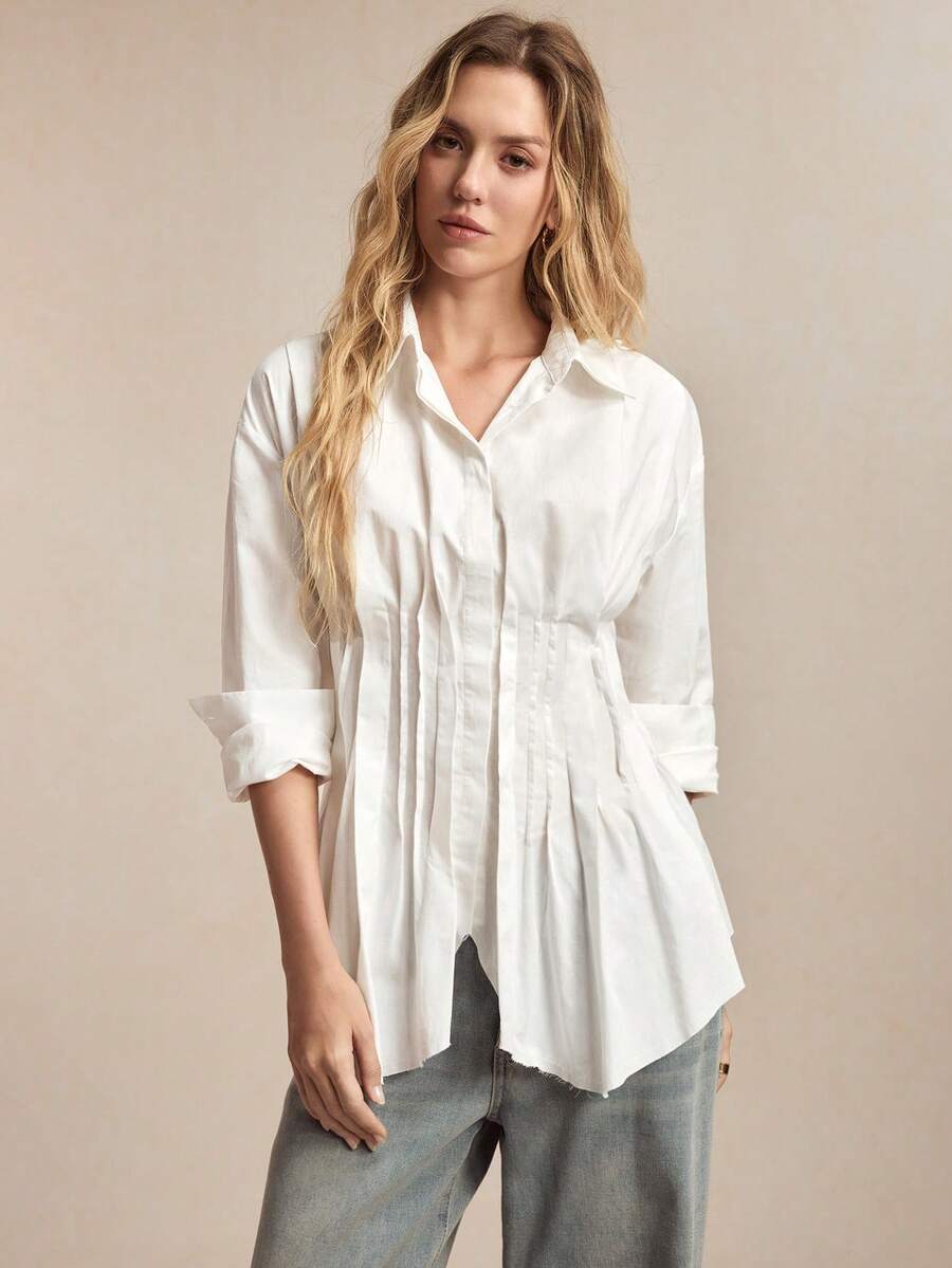 BizChic 春夏新款白色翻领纽扣不对称褶裥下摆衬衫，时尚优雅，适合狂欢派对和都市通勤。 - 白色 - 查看 1