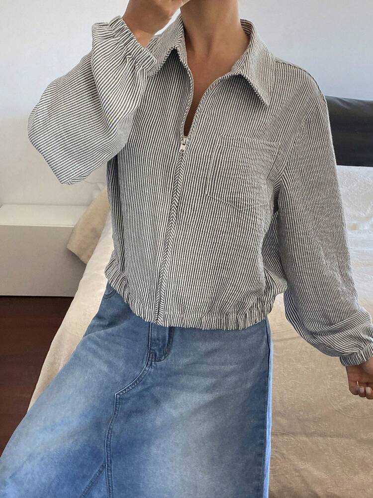 Women's Striped Collared Zip-Up Casual Jacket, Spring/Autumn