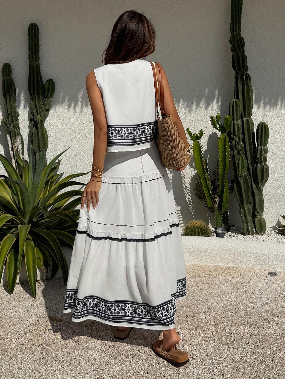 2pcs/Set Women Retro Print Fitted Sleeveless Tie-Up Vest & Long Flared Skirt Casual Vacation Outfit, Spring/Summer Boho Short Sets For Women