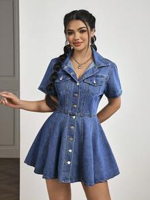 SHEIN PETITE Kortärmad enkelknäppt denimklänning för kvinnor, vardags-/arbetsmodell - Blå - Visa 3