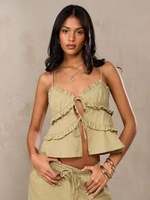 SHEIN BAE 鼠尾草绿和卡其色纹理亚麻混纺荷叶边吊带背心，休闲度假装，适合休闲、可爱、夏季、荷叶边、海滩、早午餐等场合。 - 橄欖綠 - 查看 6