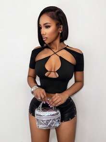 BamGleam Áo croptop nữ hở lưng kiểu đan chéo, thiết kế gợi cảm, phù hợp cho mặc hàng ngày và đi hộp đêm. - màu đen - Xem 1