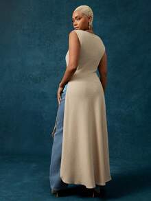 Vixey Apricot Dual Side Slit Sweater Maxi Tank Top - Khaki - View 2