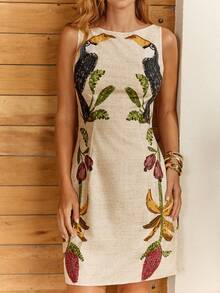 CAJUNI Đầm ngắn không tay với họa tiết thêu chim toucan. - Nhiều màu - Xem 3