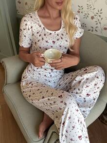 CottageSlumber 浪漫碎花方领短袖睡衣套装（女士款） - 白色 - 查看 1