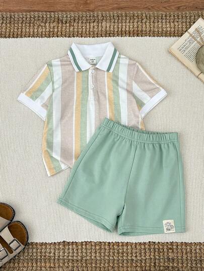 2pcs/Set Young Boy Casual Vacation Green Striped Short Sleeve Polo Shirt And Shorts Set, Young Boy Spring/Summer Outfits