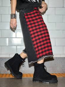 ROMWE MEN Grunge Punk 男士格子撞色口袋毛边休闲百搭牛仔短裤 - 黑色 - 查看 5
