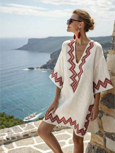 Breezaya Women's Short V-Neck Dress, Oversized Shoulder, Mid-Sleeve, Asymmetrical Red Line Printed Textured Blend Fabric, Casual Loose Fit Beach Style