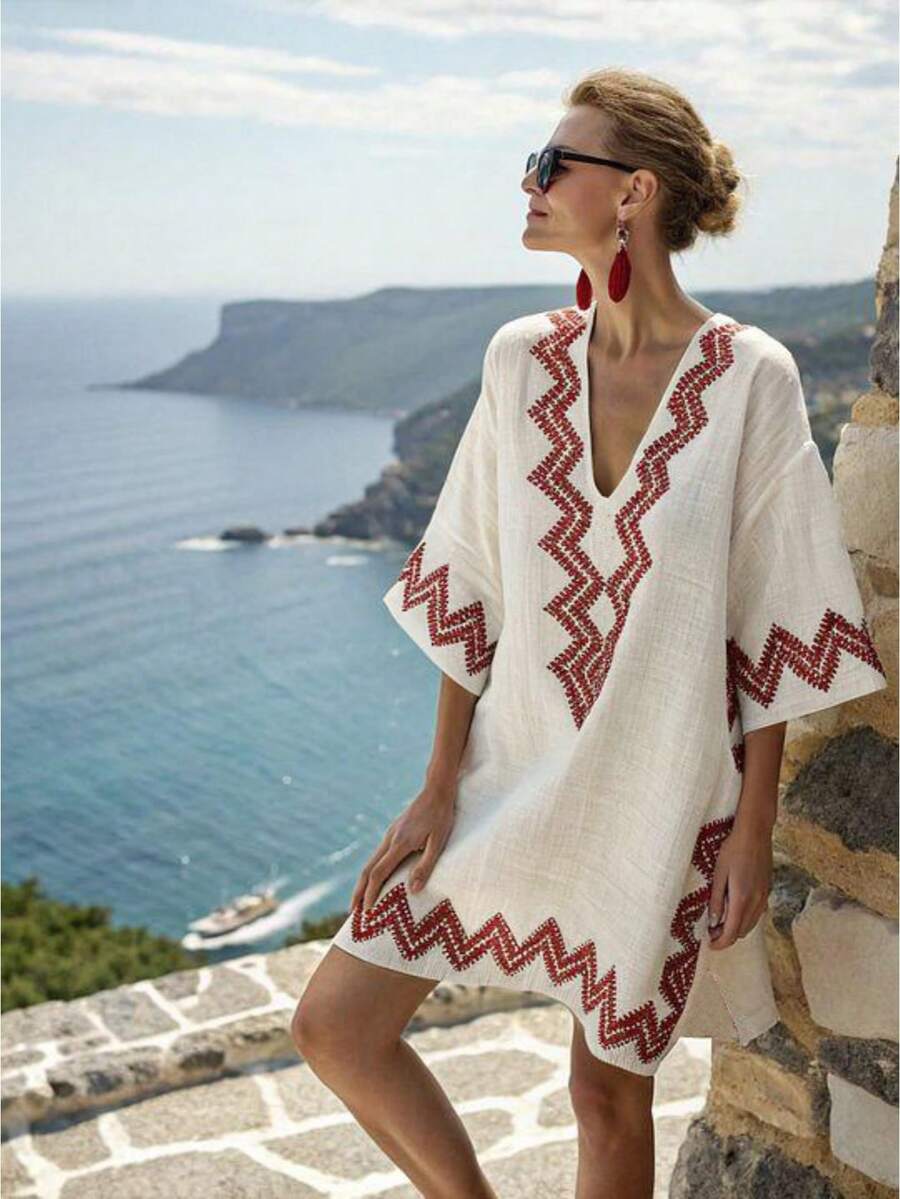 Breezaya 女士短款V领连衣裙，宽肩设计，中袖，不对称红色线条印花混纺面料，休闲宽松沙滩风泳装罩衫，女士沙滩罩衫，女士沙滩装罩衫，地中海风格连衣裙，女士度假装，波西米亚风连衣裙，波西米亚时尚女装，女士度假装，白色束腰连衣裙，沙滩长袍连衣裙，游艇俱乐部连衣裙，波西米亚刺绣连衣裙，度假装连衣裙，波西米亚风连衣裙，女士假日连衣裙 - 彩色 - 查看 1