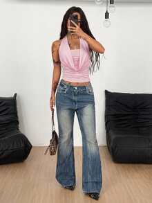 Coolane 女士夏季文艺复兴集市西部牛仔风Y2K辣妹风垂褶领修身露背串珠吊带上衣 - 淺粉色 - 查看 6