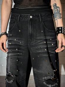ROMWE MEN Goth 男士休闲直筒破洞铆钉牛仔裤，街头时尚 - 黑色 - 查看 2