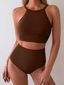 Swim Basics Bộ bikini hai mảnh cạp cao màu đen dành cho nữ, kiểu dáng thường ngày. - Cà phê nâu - Xem 4