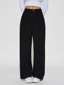 SHEIN PETITE Quần dài nhung kẻ trơn màu dành cho nữ - màu đen - Xem 10