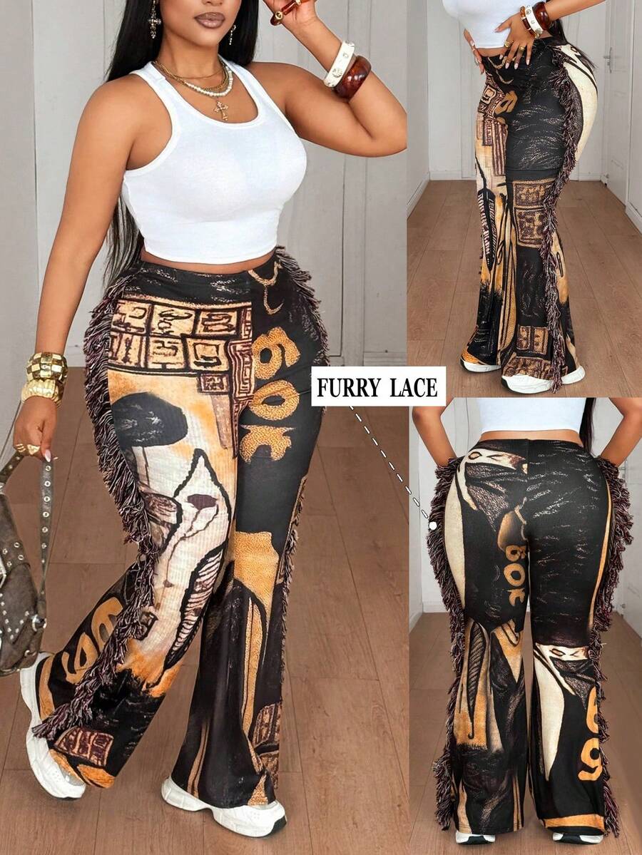 Maweii 大码女式休闲针织高弹罗纹印花面料，松紧腰设计，侧边毛绒带装饰喇叭裤，百搭款式，新款大码女装，适合派对、音乐节等场合，修身长裤 - 彩色 - 查看 1