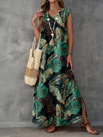 EMERY ROSE Vestido holgado de escote en V para mujer con estampado tropical de plantas, de estilo minimalista, bohemio, elegante, romántico y retro, para usar en la playa o de vacaciones