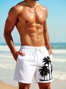 Manfinity Swimmode Men's Palm Tree Print Drawstring Waist Pocket Beach Shorts - White - View 7
