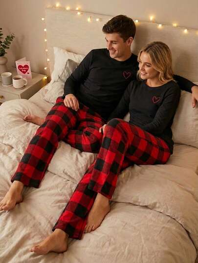 Set 2 piezas Conjunto de pijama a cuadros con estampado de corazón para hombre, ropa de estar en casa para parejas