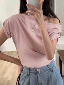 DAZY Solid Asymmetrical Neck Batwing Sleeve Tee,Off Shoulder Top - Pink - View 5