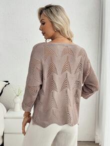 Louniche 女士独特镂空针织毛衣，宽松七分袖圆领开衫，春夏款 - 卡其色 - 查看 2