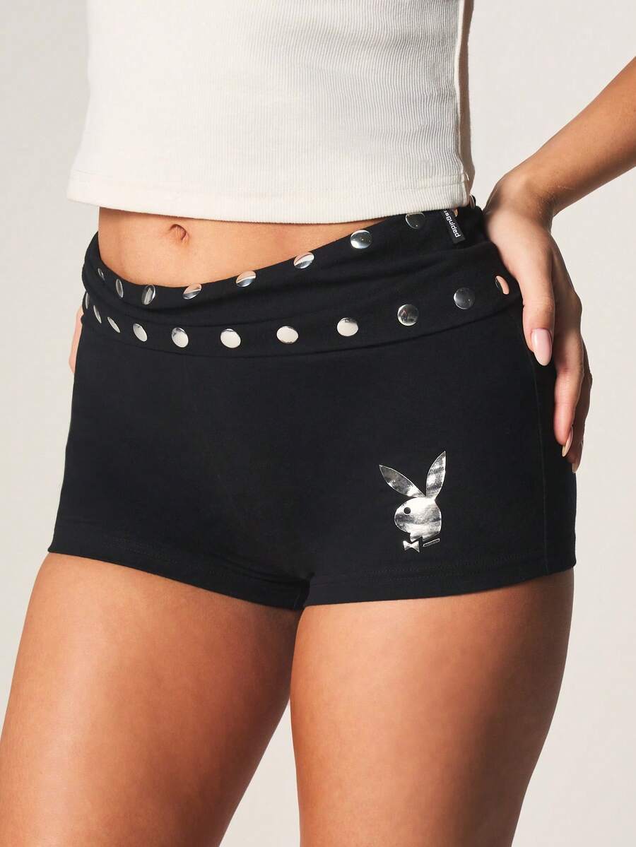 Missguided x Playboy Studded High Rise Fold Over Waist Mini Hot Pants With Bunny Logo Detail Booty Shorts - Black - View 1