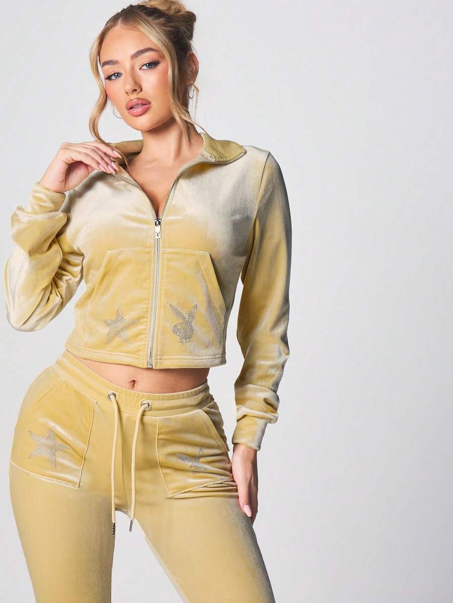 Missguided x Playboy Golden Yellow Velour Rhinestone Star Bunny Logo Full Zip Drawstring Hoodie Jacket With Long Sleeves Casual Comfort - Light Yellow - View 1