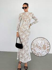 Siren Gaze Đầm dài tay ôm sát cổ ren hoa thanh lịch cho nữ - trắng - Xem 1