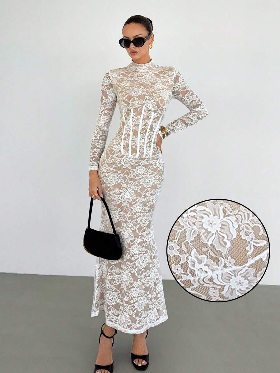 Siren Gaze Đầm dài tay ôm sát cổ ren hoa thanh lịch cho nữ - trắng - Xem 1