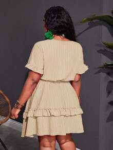 Slaydiva Plus Size Women's Boho Beige Summer Mini Dress,Holiday Night Out Club Chest Tie Front Ruffle Trim A-Line Casual Vacation Short Sleeve - Apricot - View 3