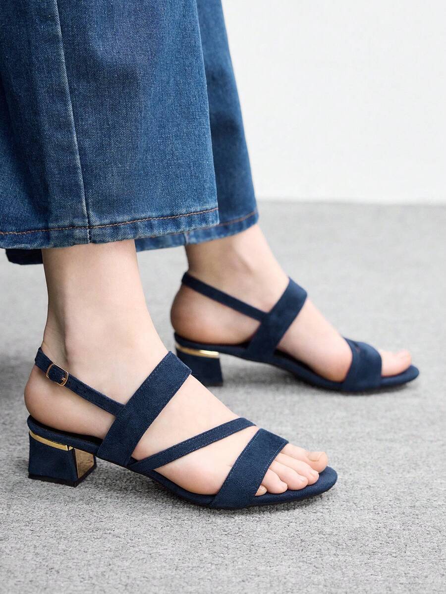 CUCCOO BIZCHIC Giày sandal mũi tròn màu xanh hải quân dành cho nữ, kiểu dáng thanh lịch kiểu Pháp, quai ngang dày, gót cao, phù hợp với váy mùa hè. - Màu xanh lam - Xem 1