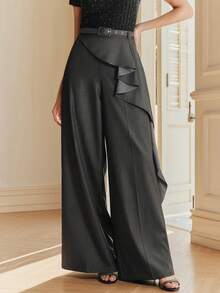 Anewsta Women's Fashionable Flounce Hem Pants With Belt, Suitable For Spring Urban Chic Style - Grey - View 5