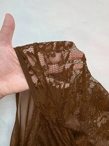 NU&NOW 大码女士蕾丝连体衣，优雅修身长袖连体衣，四季皆宜 - 棕色 - 查看 6