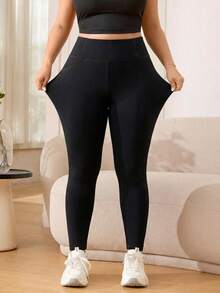 Solflare 大码女式高腰弹力口袋打底裤，适合秋、冬、春季穿着 - 黑色 - 查看 5