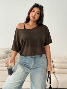 Solflare 巧克力棕色加大码不对称领休闲T恤 - 巧克力棕 - 查看 6