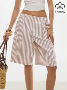 Poéselle Casual Women's Striped Woven Fabric Bermuda Shorts With Pockets - Blue - View 1