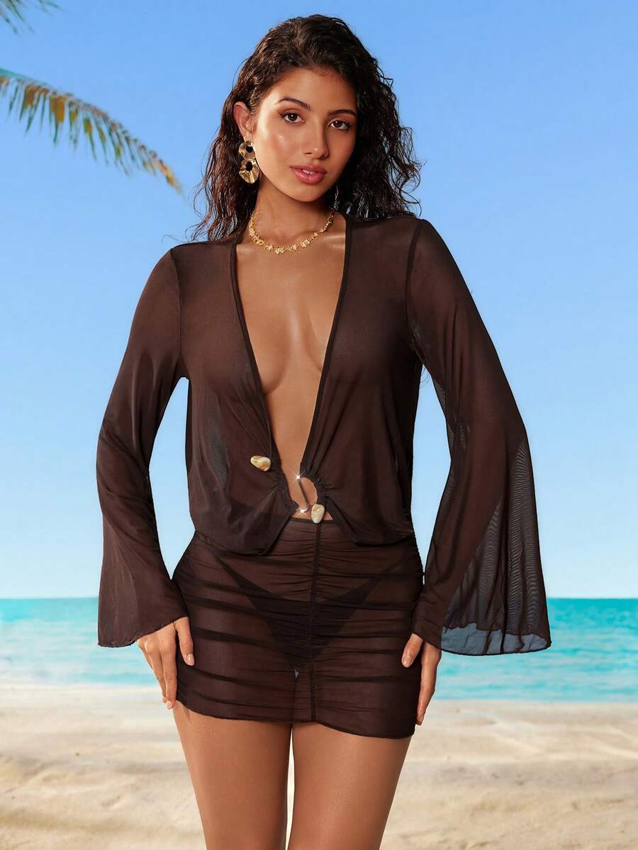 SHEIN 女士纯色金属环装饰透视深V领长袖罩衫 - 棕色 - 查看 1