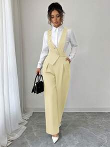 Elenzga 女士新款休闲纽扣设计阔腿连体裤 - 鵝黃色 - 查看 6