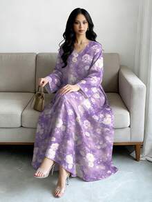 SHEIN Najma 紫色紮染碎花V領長袖長洋裝，女款春夏長款花卉洋裝，優雅阿拉伯風穿搭，適合度假、假日與日常穿著 - 彩色 - 查看 3
