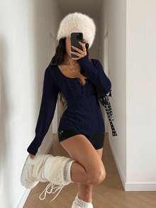 StreetHx Petite 女士纯色纽扣装饰U领休闲长袖毛衣上衣，秋冬款 - 寶藍色 - 查看 4