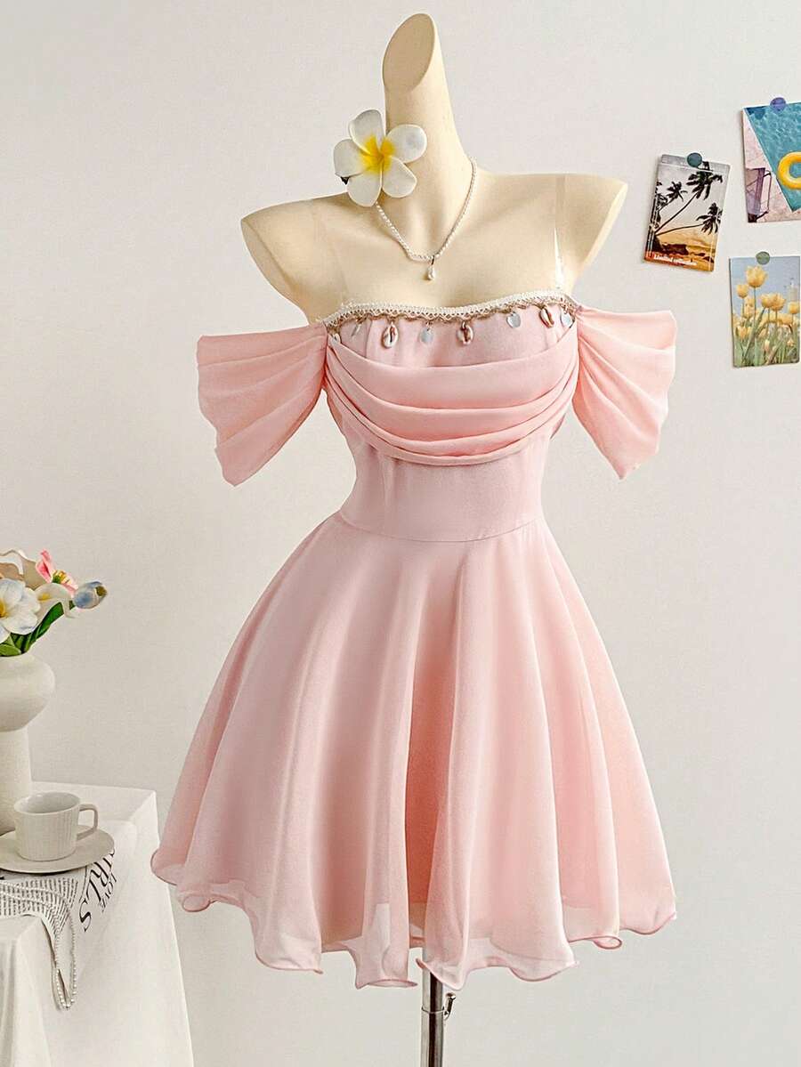 Soleia Elegant Off-Shoulder Tube Top Tie Strap Mini Princess Dress, Cream Yellow, Suitable For Afternoon Tea, Brunch, Puff Sleeves, Graduation, Wedding, Easter, Graceful - Pink - View 1