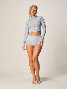 MISSGUIDED 蕾丝长袖露脐上衣和超短裤两件套，花卉图案半透明家居服套装 - 淺藍色 - 查看 3