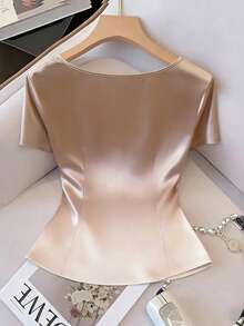 GlowEve Women's Satin Fabric Front Drape Collar Raglan Sleeve Waist Cinched Elegant Fancy Date Party Holiday Light Peach Blouse, Spring/Summer - Apricot - View 2