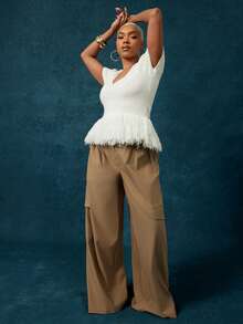 Vixey Fringe Hem Rib Knit Short Sleeve Peplum Top - Beige - View 3