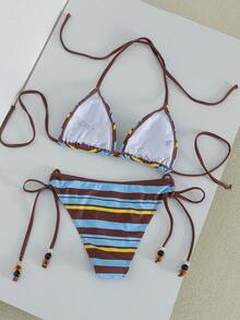 Swim Vcay Summer Vacation Sexy Striped Beaded Halter Backless Triangle Cup Bikini Set - Multicolor - View 2