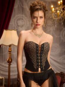 PinupPomp Top bustier élégant en dentelle brodée et patchwork, corset sexy à enroulement avec nœud à la taille - Noir - Voir 4