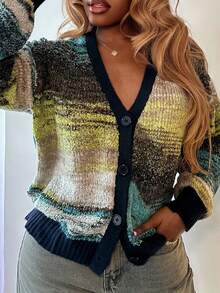 Mariisbox Contrast Binding Marble Knit Cardigan Spring Casual Y2k 90's Stripe Oversized Airport Holiday Fall Back To School Autumn Winter Everyday Christmas Work Office Christmas Thanksgiving Chic - Multicolor - View 6