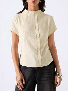 LYSMO Minimalist Casual Double-Breasted Stand Collar Short Sleeve Top, Plus Size, Spring/Summer Formal Holiday Light Yellow - Light Yellow - View 3