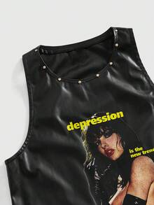 ROMWE MEN Street Life Men's Street Fashion PU Rivet Portrait Tank Top - Black - View 3