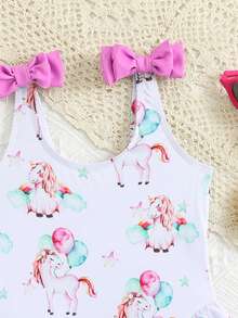 Baby Girls' Swimwear, Cute Cherry Pattern, Knitted Fabric, Double Bow Shoulder Straps, Flounced Legs, One-Piece Swimsuit, Fashion Casual Elegant Lady, Suitable For Swimming, Vacation, Summer - Pink - View 3