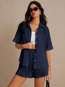 Poéselle Summer Two Pieces Set, Beach Two Pieces Set, Fabric, Striped Fabric, Cuffed Sleeves, Shorts With Side Pockets, Suitable For Vacation, Loose Loose Shirt Set, Wedding Season Navy Blue Short Set Women Short Sleeve Short Set Short And Shirt Set Women Short Sets For Women Vacation Casual Short Set Two Pieces Short Set Women's Short Sets Matching Short Sets - Navy Blue - View 3
